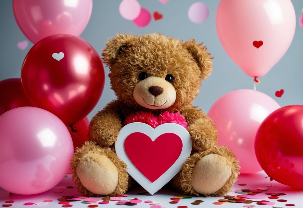 A cuddly teddy bear holds a heart-shaped sign, surrounded by pink and red balloons and confetti