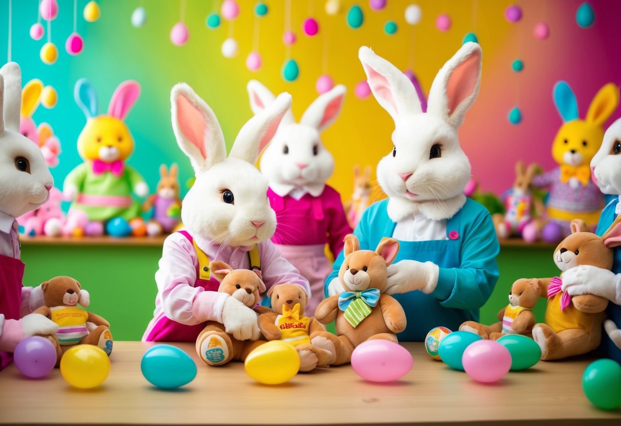 An Easter Bunny workshop with Build-A-Bear promotions: bunnies assembling stuffed animals in a colorful, festive setting