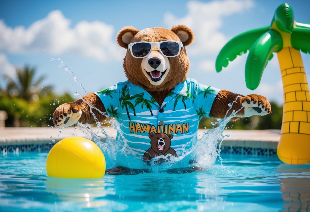 A bear wearing sunglasses and a Hawaiian shirt splashes in a pool with a beach ball and inflatable palm trees