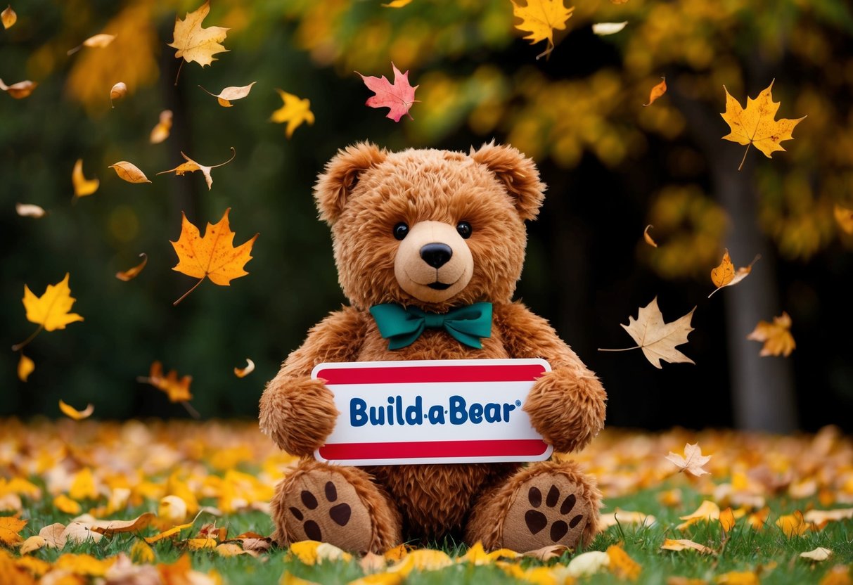 Autumn Leaves Bear holding a Build-A-Bear sign surrounded by falling leaves