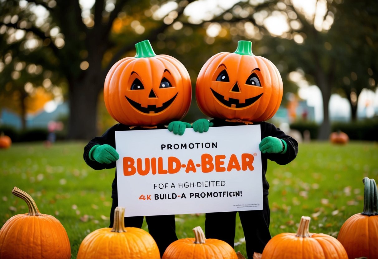 Two friendly Halloween pumpkin characters holding a "Build-A-Bear" promotion sign