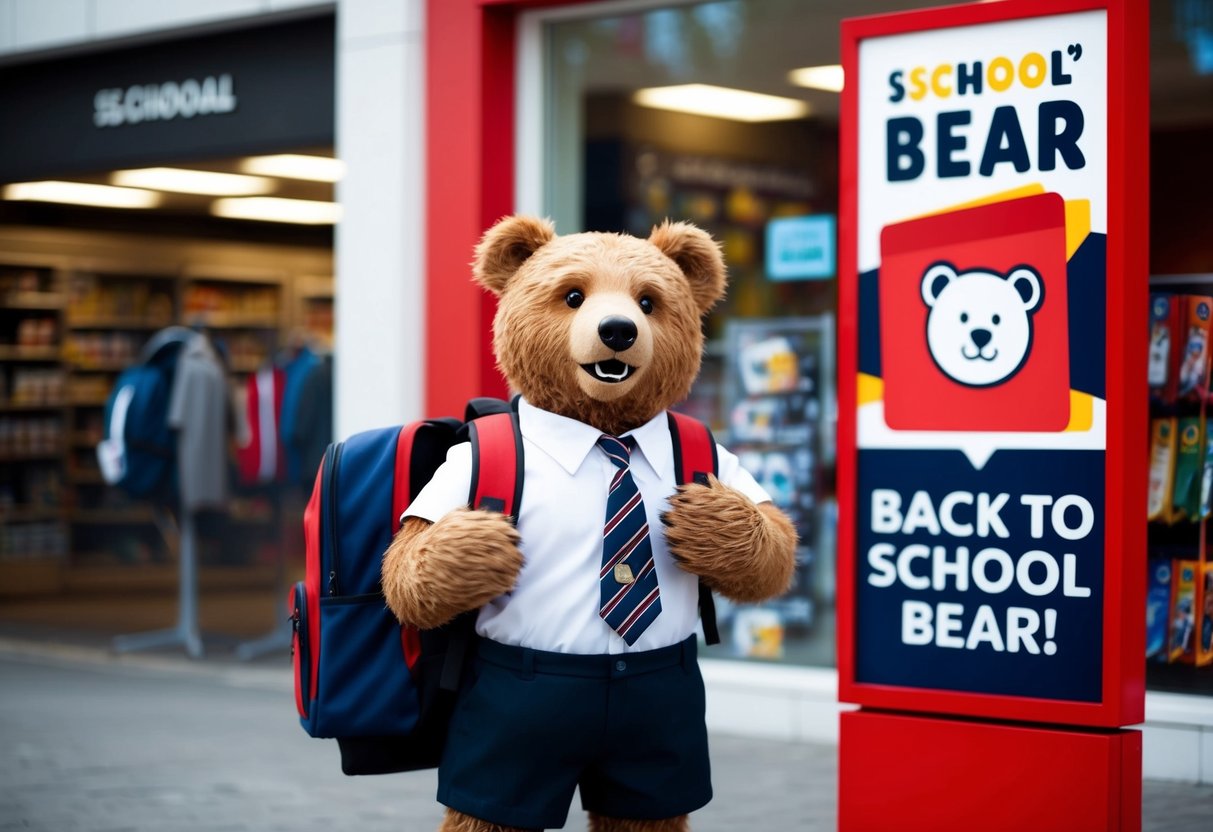 A bear holding a backpack and wearing a school uniform stands in front of a store with a "Back to School Bear" promotion sign