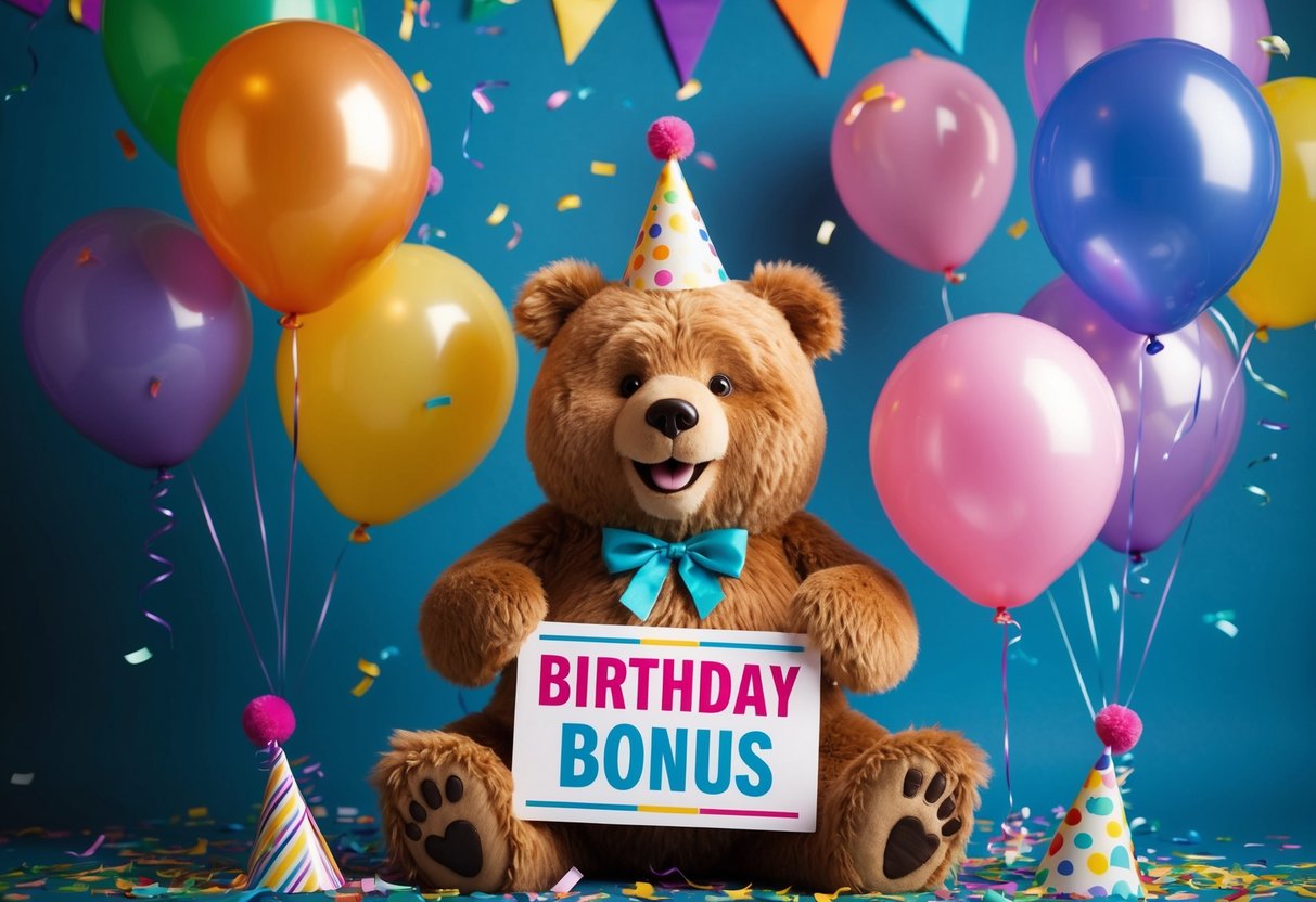 A cheerful bear surrounded by balloons and confetti, holding a sign that says "Birthday Bonus" with a party hat on its head