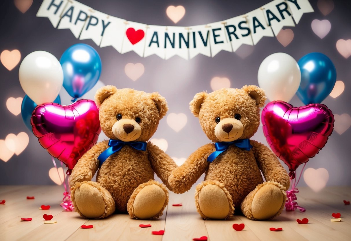 Two teddy bears holding hands, surrounded by heart-shaped balloons and a "Happy Anniversary" banner