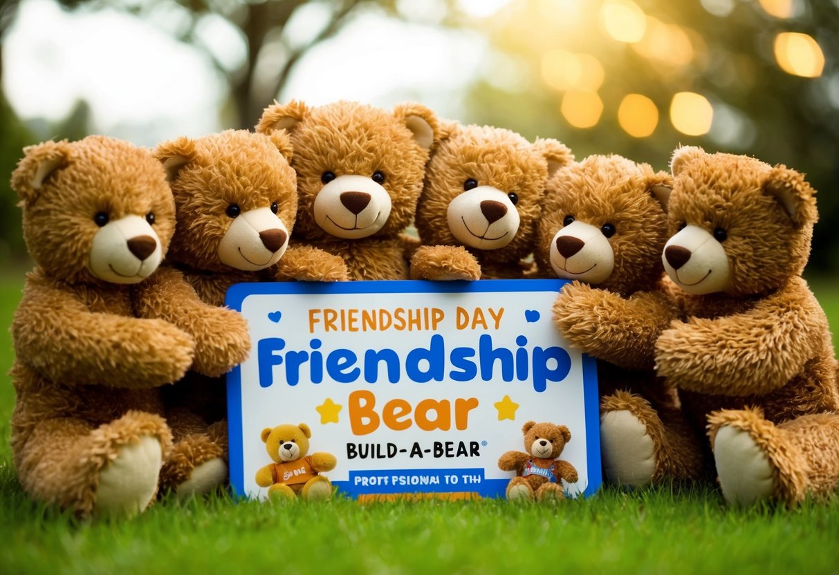 A group of teddy bears gather around a sign for Friendship Day Bear Build-A-Bear promotions, hugging and smiling