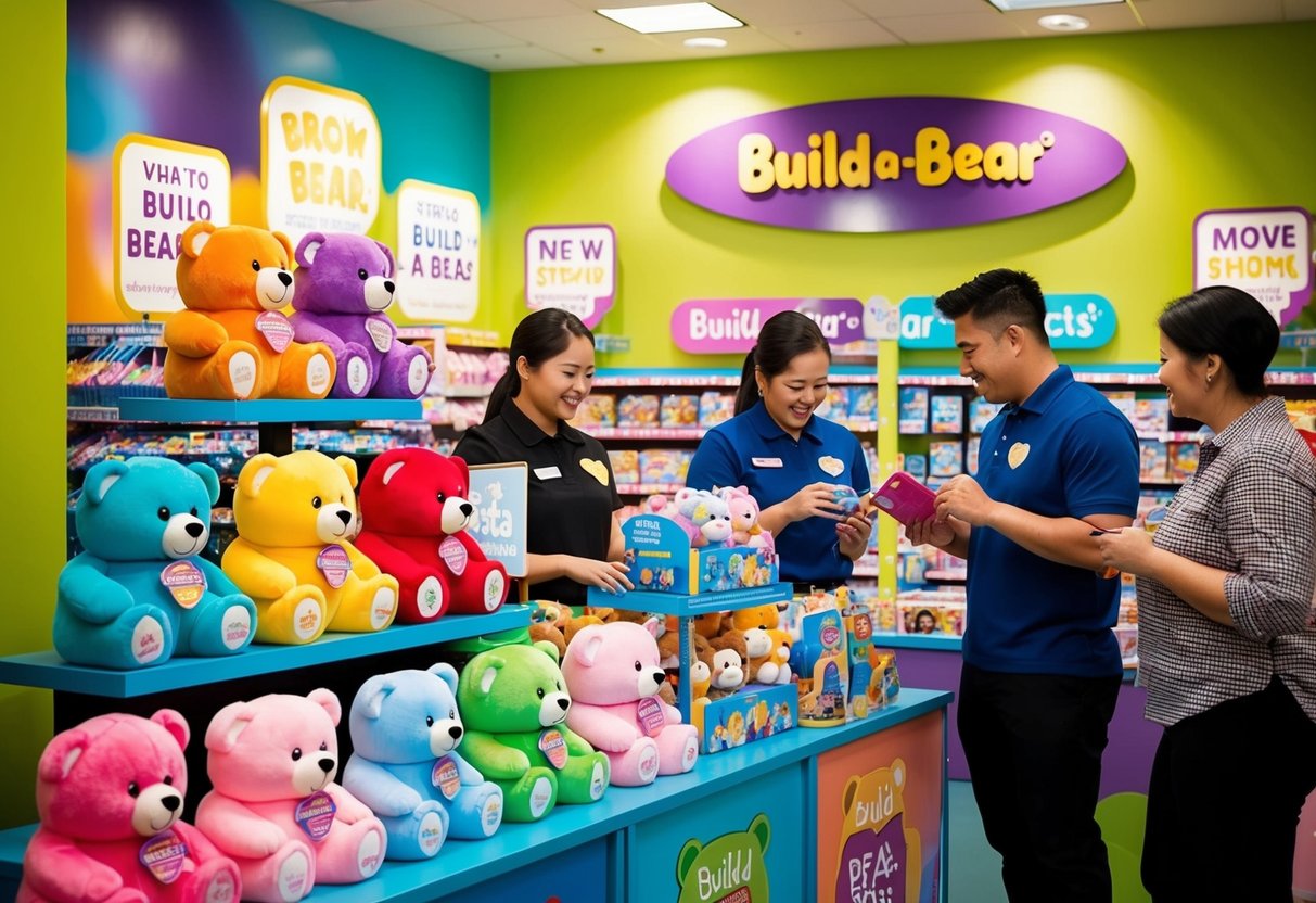 A colorful display of Build-A-Bear merchandise with promotional signs and banners. Customers interacting with staff and browsing products
