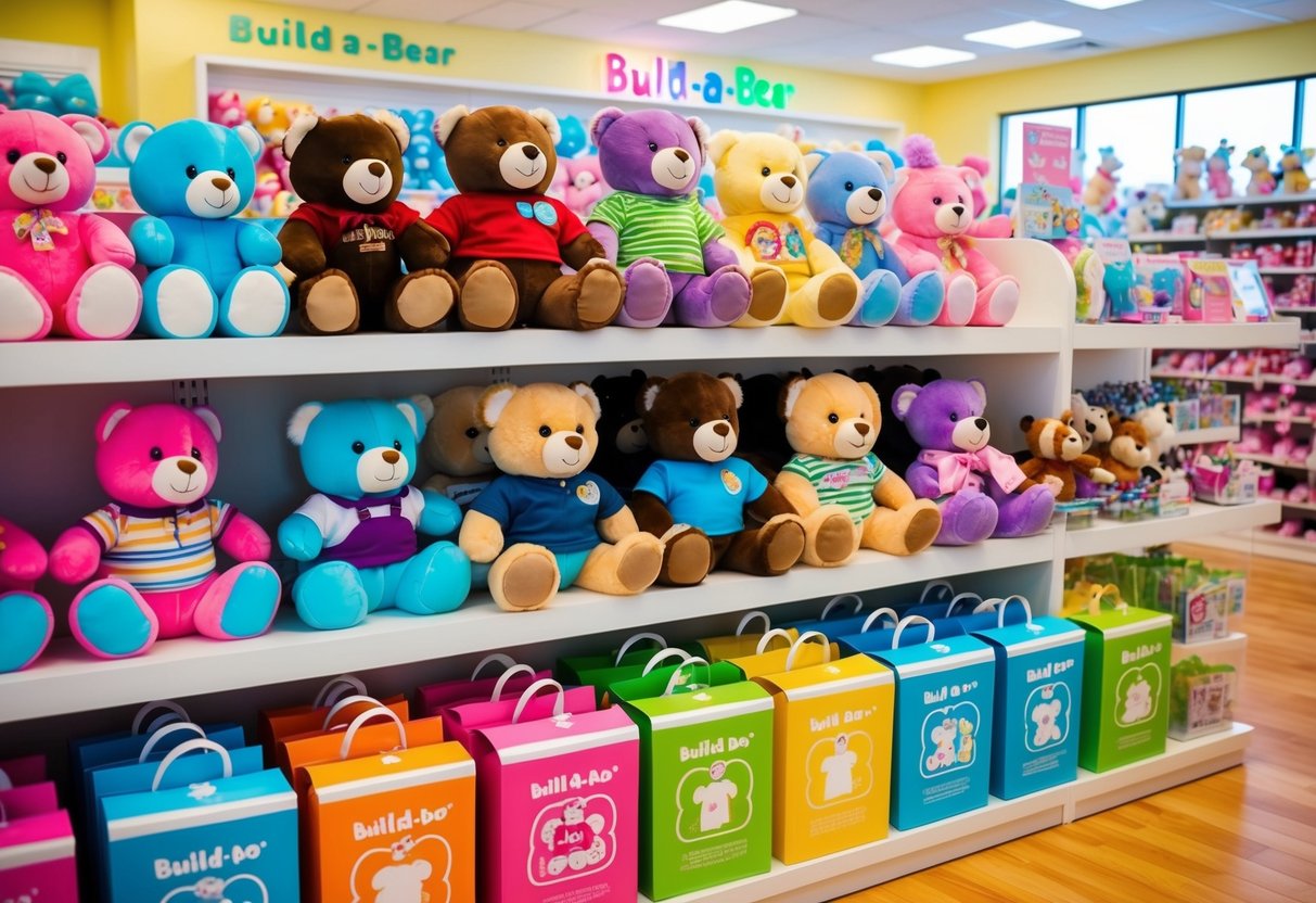 A colorful display of Build-A-Bear promotions, including stuffed animals, clothing, and accessories, arranged on shelves and tables in a bright and inviting store
