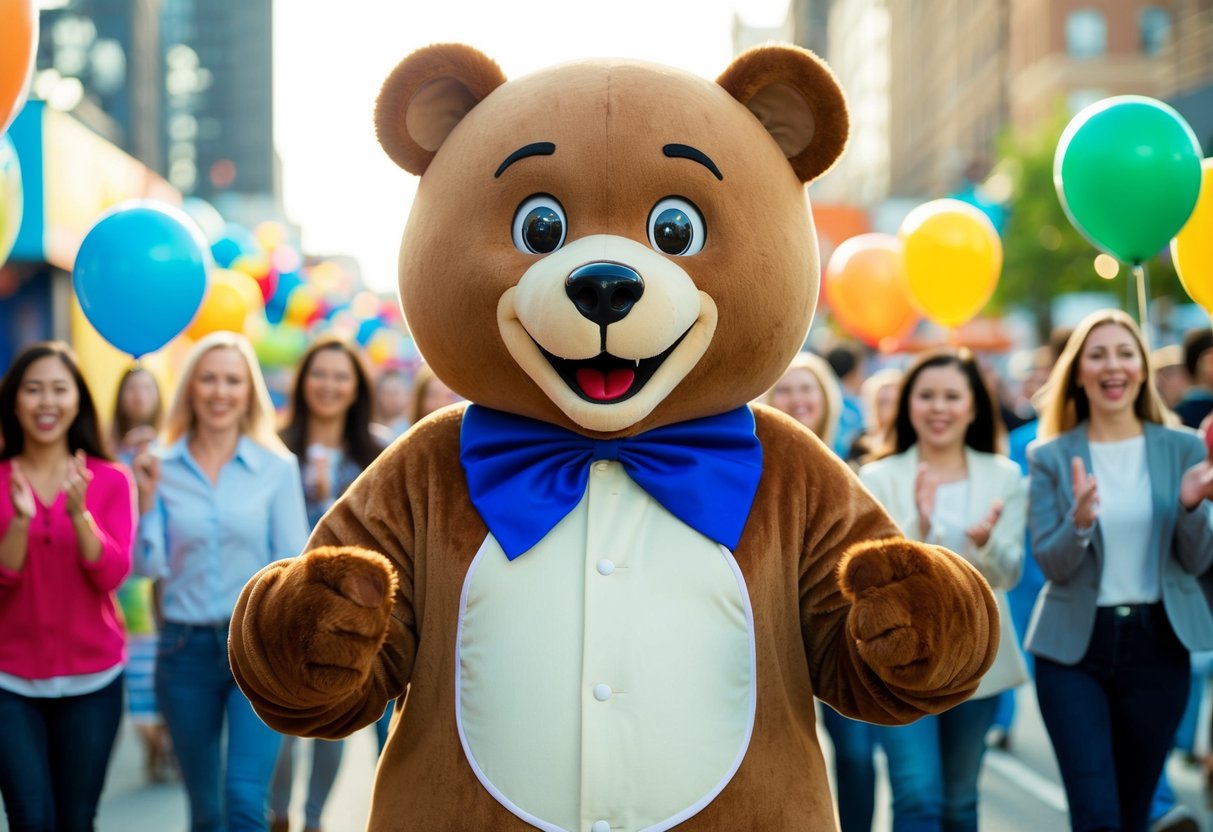 A cheerful bear mascot surrounded by colorful promotional items and a line of excited customers