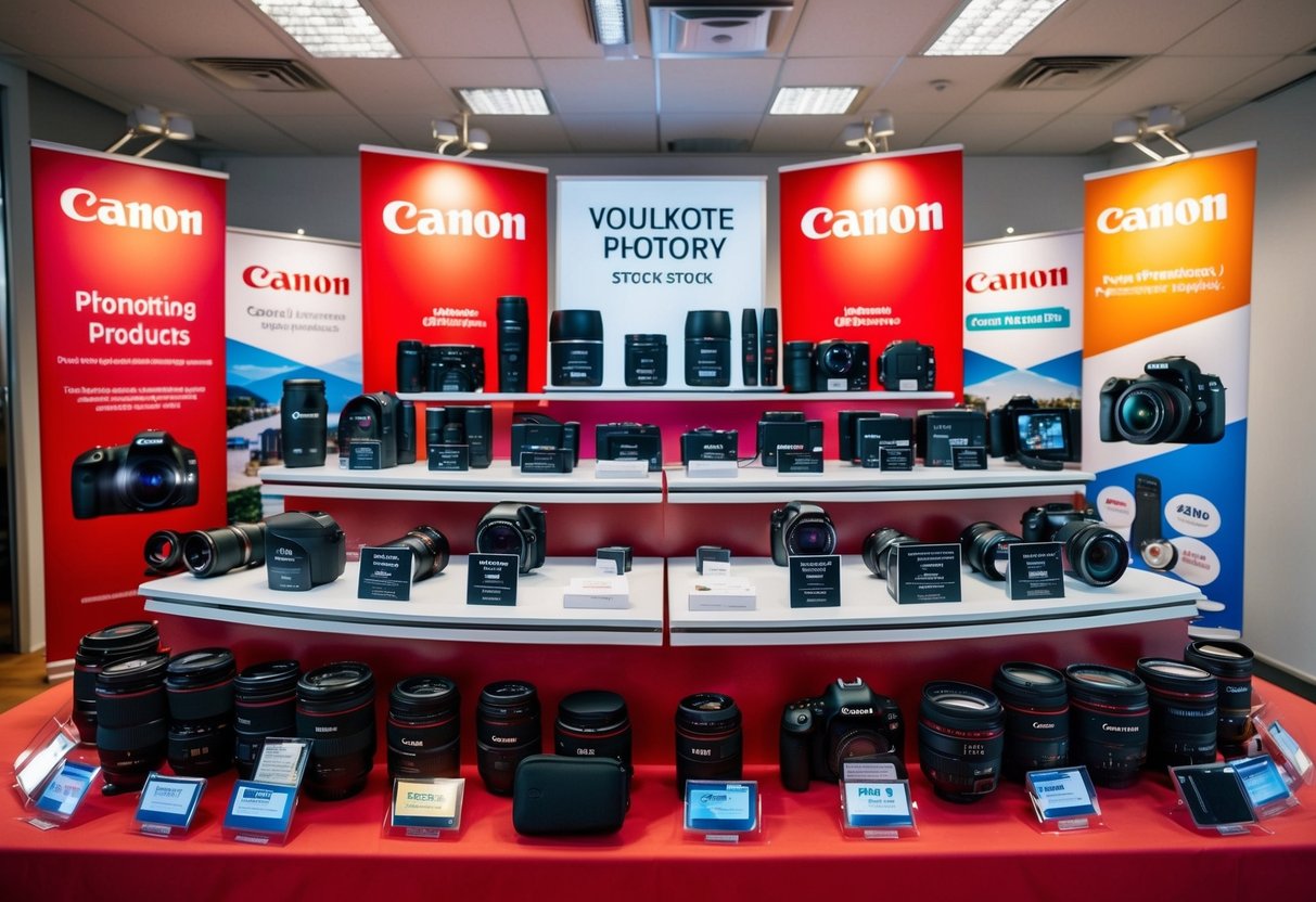 A colorful array of Canon products on display, surrounded by promotional banners and spotlights