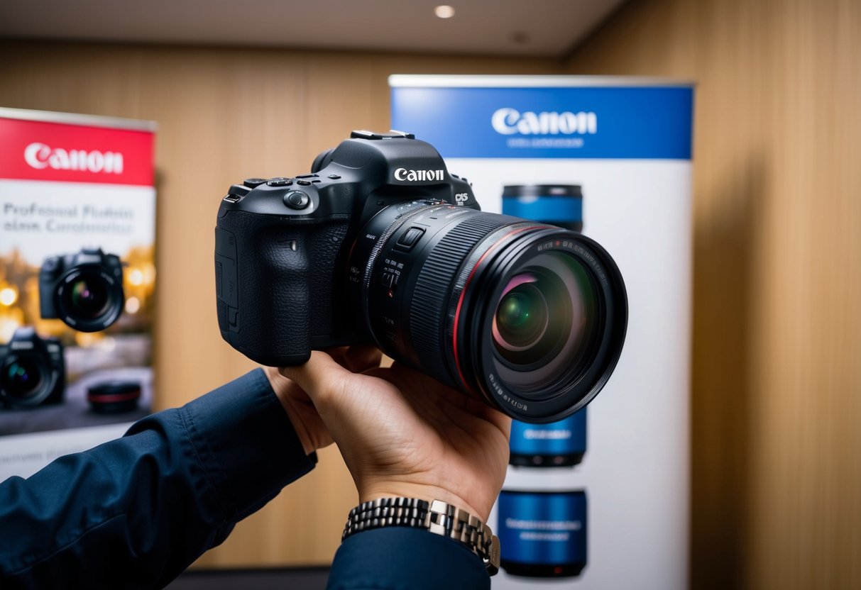 A hand holding a Canon EOS R6 camera with a promotional banner in the background