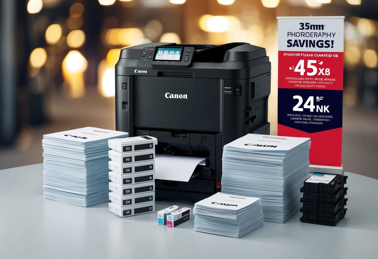 A Canon MegaTank printer surrounded by stacks of paper and ink cartridges, with a promotional banner highlighting savings