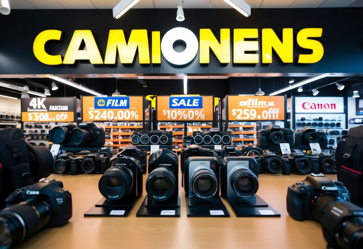 A bustling camera store with bright promotional signs and a display of Canon cameras on sale