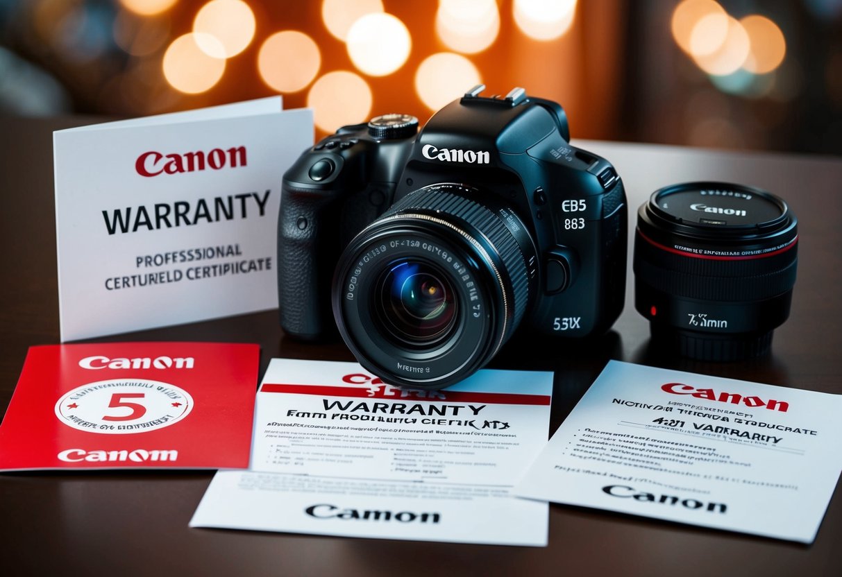 A Canon camera surrounded by a 5-year warranty certificate and promotional materials