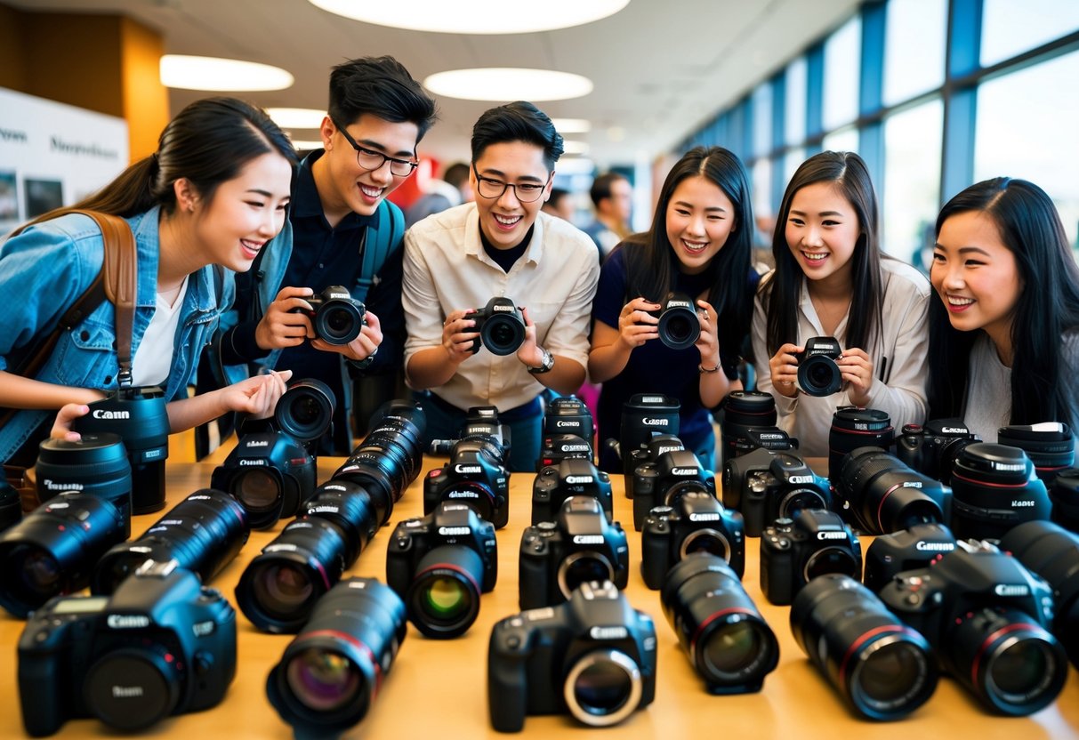 A group of college students eagerly browsing through a variety of Canon cameras and lenses, taking advantage of the exclusive student discounts and promotions offered