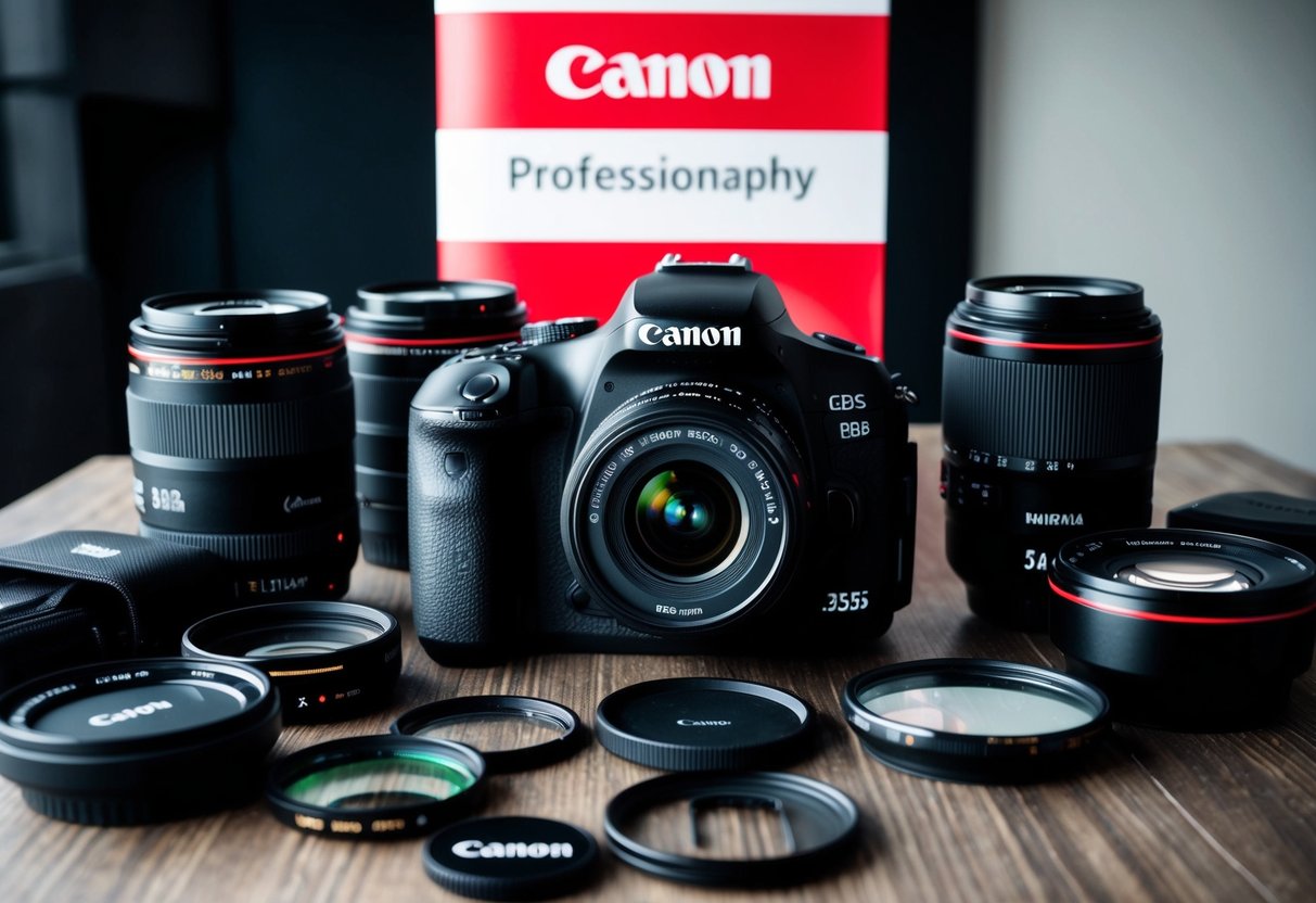 A camera surrounded by various photography accessories and a promotional banner with the Canon logo