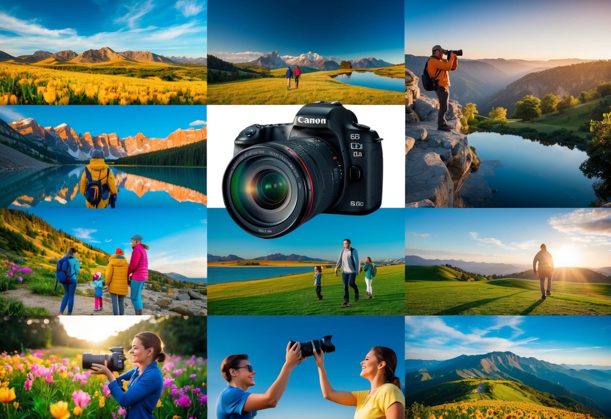 A camera capturing vibrant landscapes, products, and people in various settings, highlighting the versatility and quality of Canon products