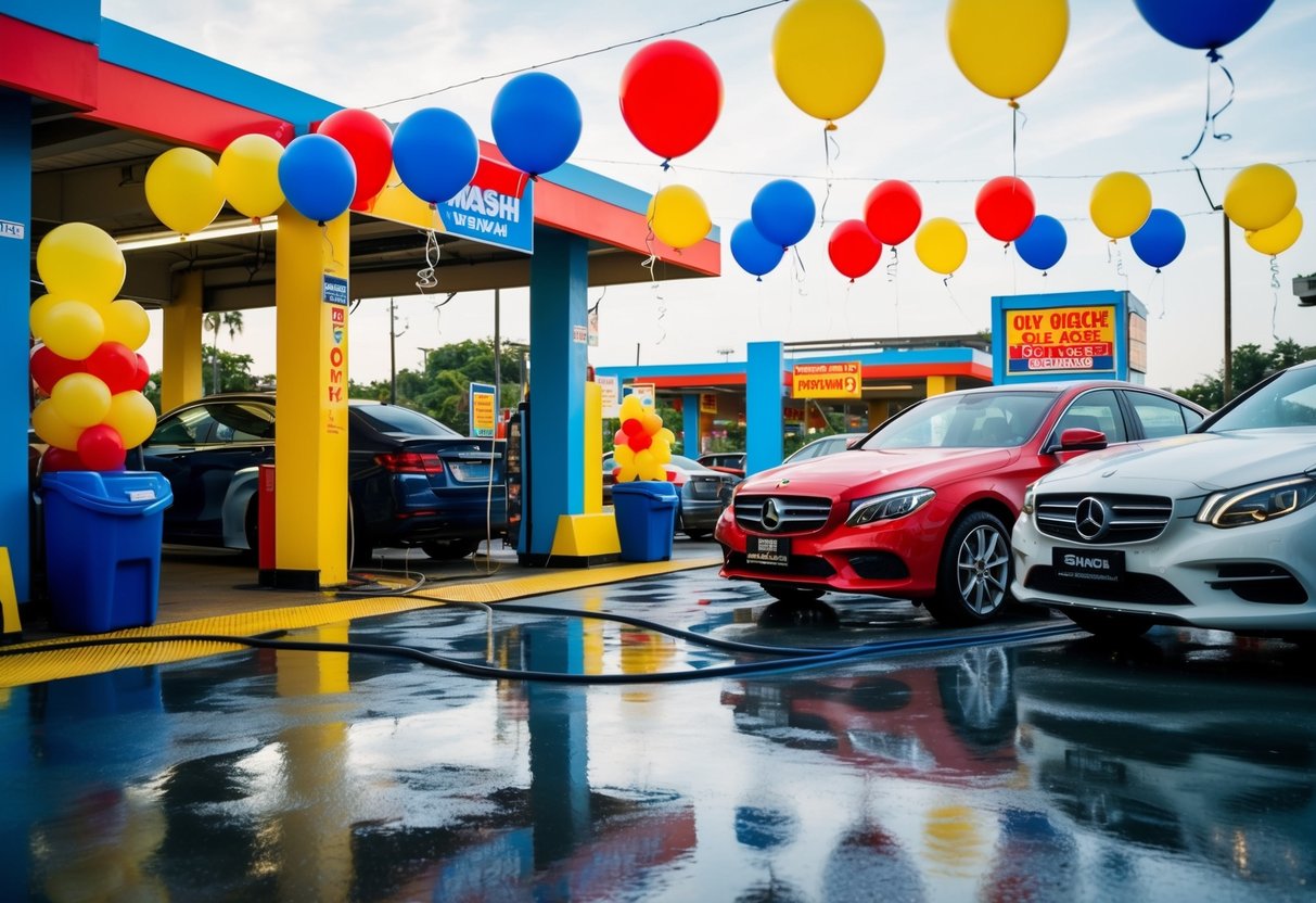 A colorful car wash with banners and balloons, offering promotions