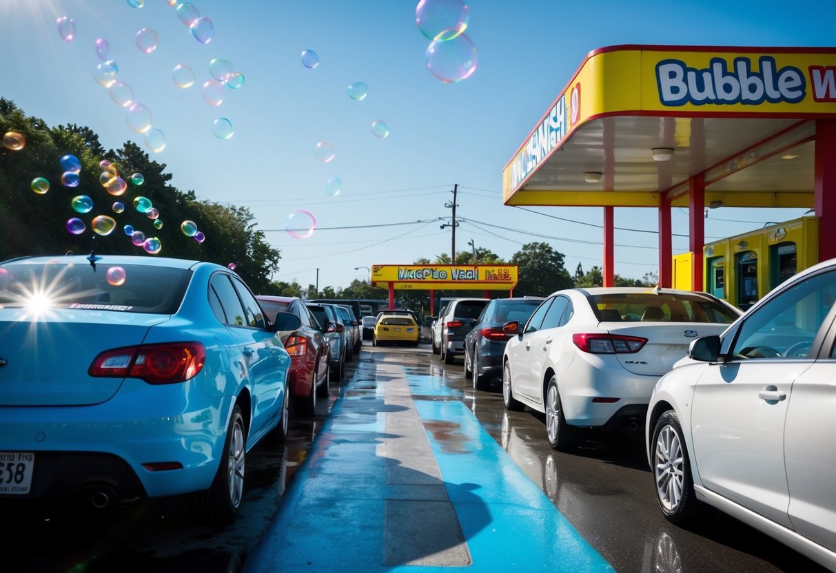 A colorful bubble wash station with cars lined up for the Half Price Magic promotion. Bubbles float in the air, and the sun shines down on the scene