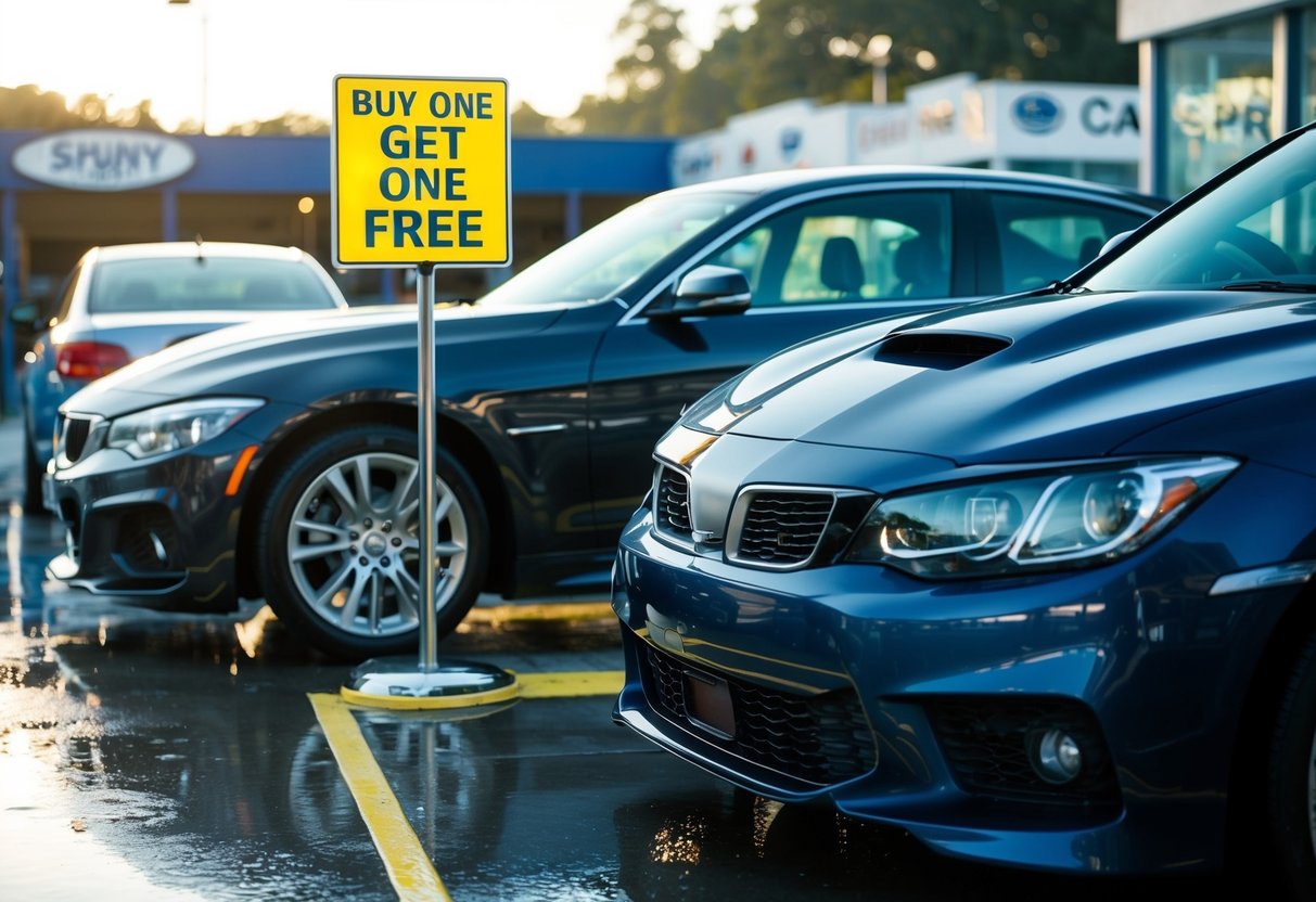 Two cars being washed at Shiny Car Spa, with a prominent "Buy One Get One Free" sign displayed