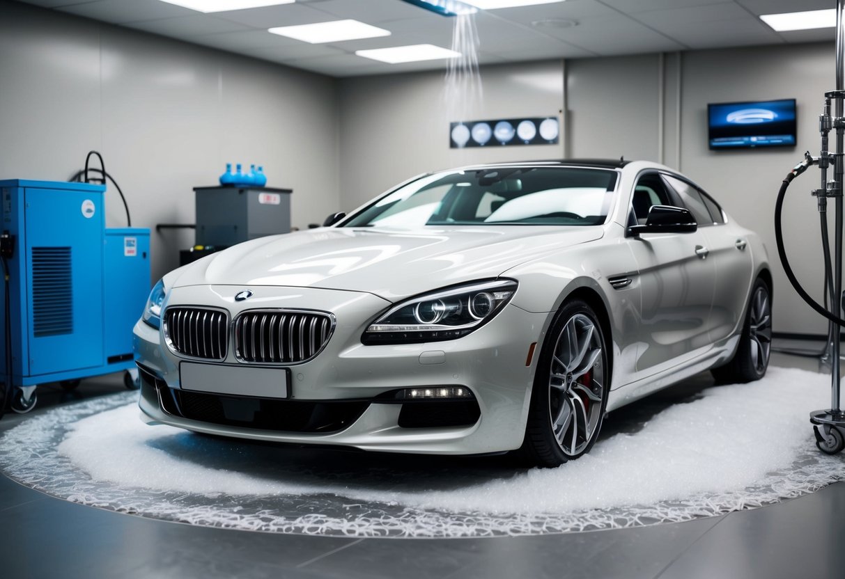 A luxury car being pampered with a spa treatment at Sudsy Motors, surrounded by bubbles and sparkling clean equipment