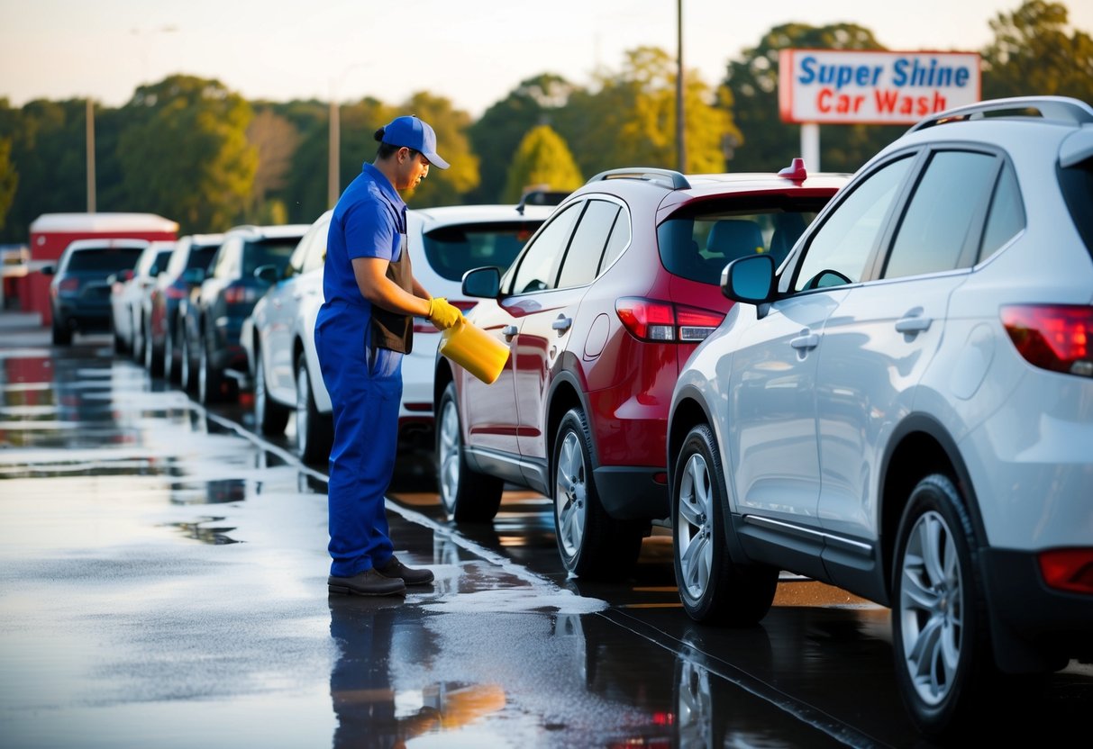 Cars lined up at Super Shine car wash. Workers apply wax to freshly washed vehicles as part of the promotion