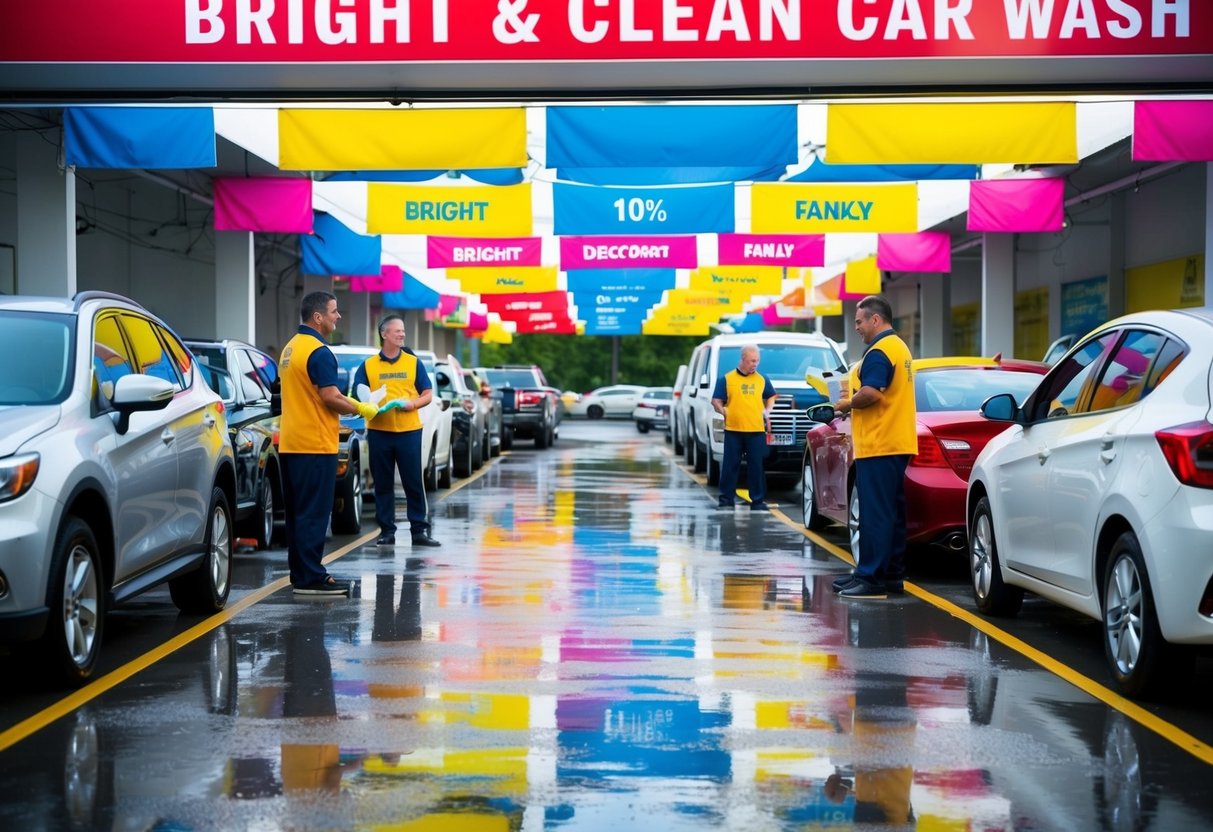 Cars lined up under colorful banners at Bright & Clean car wash. Smiling staff members offer discounts to families as they clean vehicles