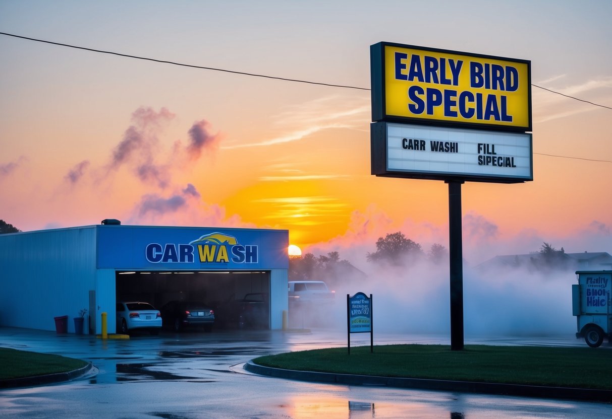 A colorful sunrise over a car wash with a large sign advertising "Early Bird Special" amidst the morning mist