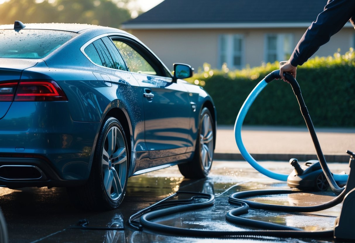 A car being washed while a vacuum is running nearby