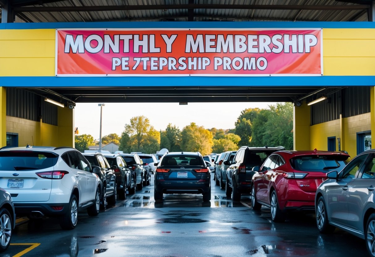 A colorful banner hangs above the entrance to The Soap Station car wash, advertising their monthly membership promo. Cars line up for the special deal