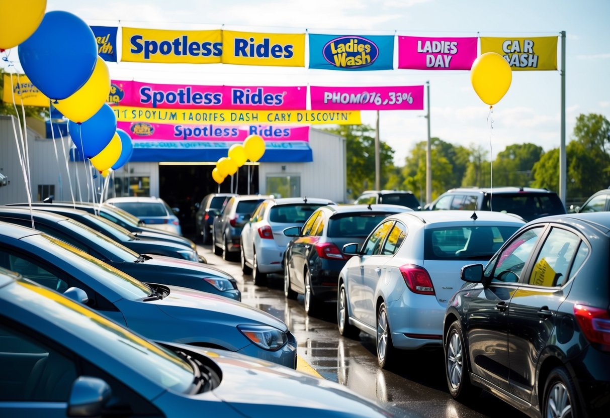 Cars lined up at Spotless Rides car wash, with bright banners and balloons promoting Ladies Day Discount