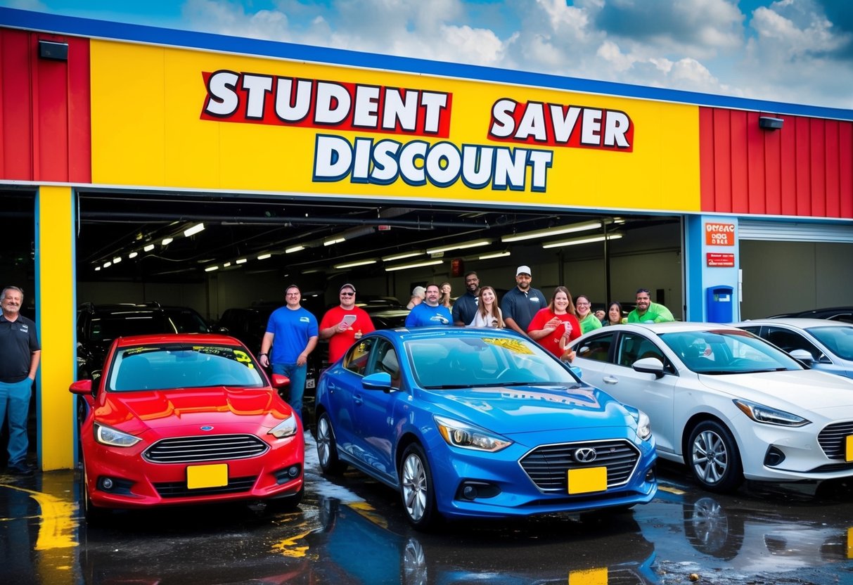 A colorful car wash with a bold "Student Saver Discount" sign, surrounded by happy customers and sparkling clean cars