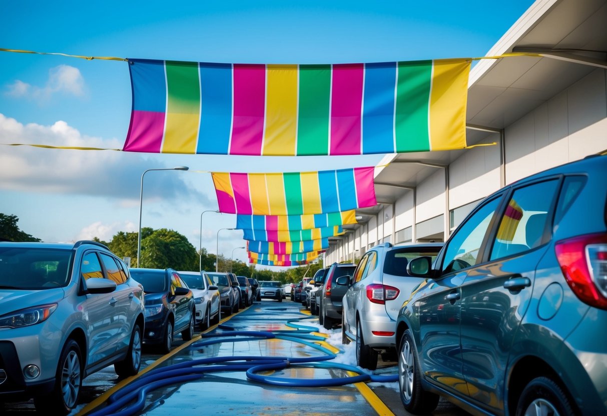 A colorful banner flaps in the breeze above a busy car wash, with a line of vehicles waiting for service. Vacuum hoses and soap suds add to the lively atmosphere