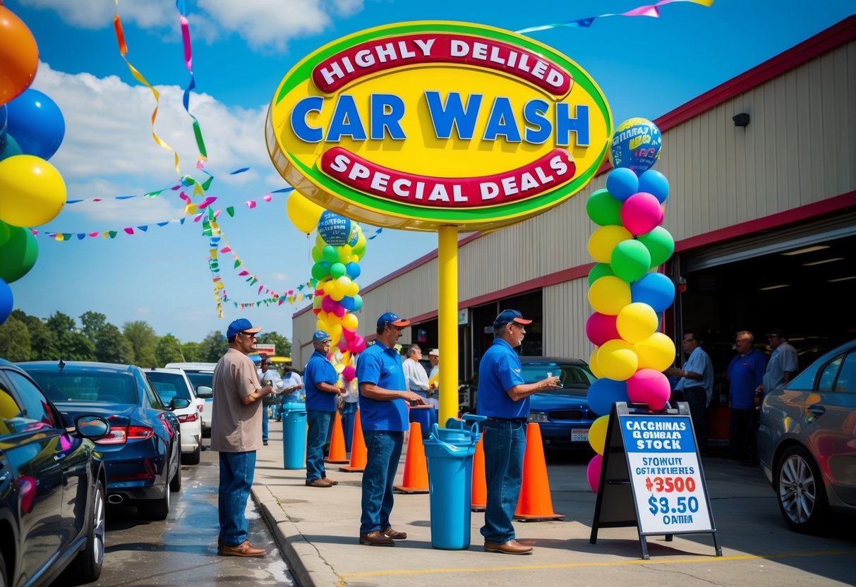 A colorful, eye-catching sign stands outside a busy car wash, surrounded by vibrant balloons and streamers. Customers line up as workers smile and offer special deals