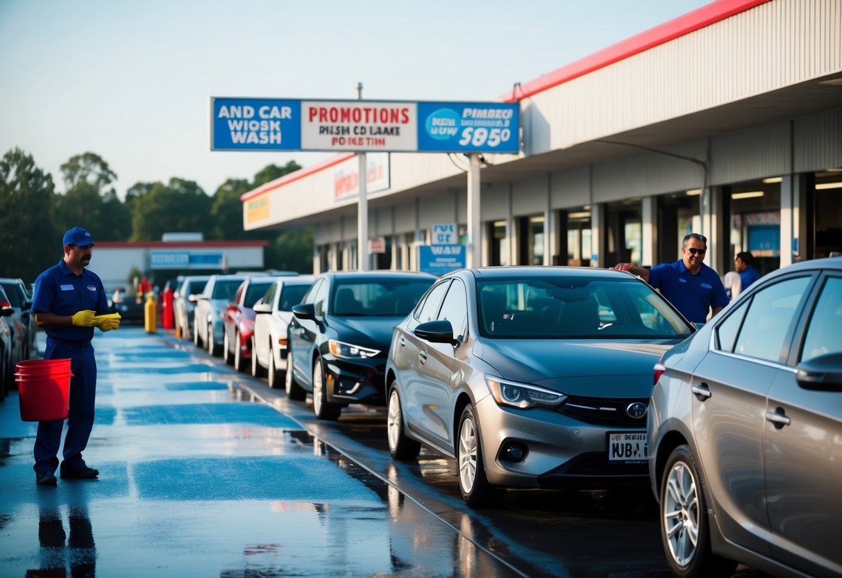 A line of cars waiting at a car wash, with signs advertising promotions and a busy staff assisting customers