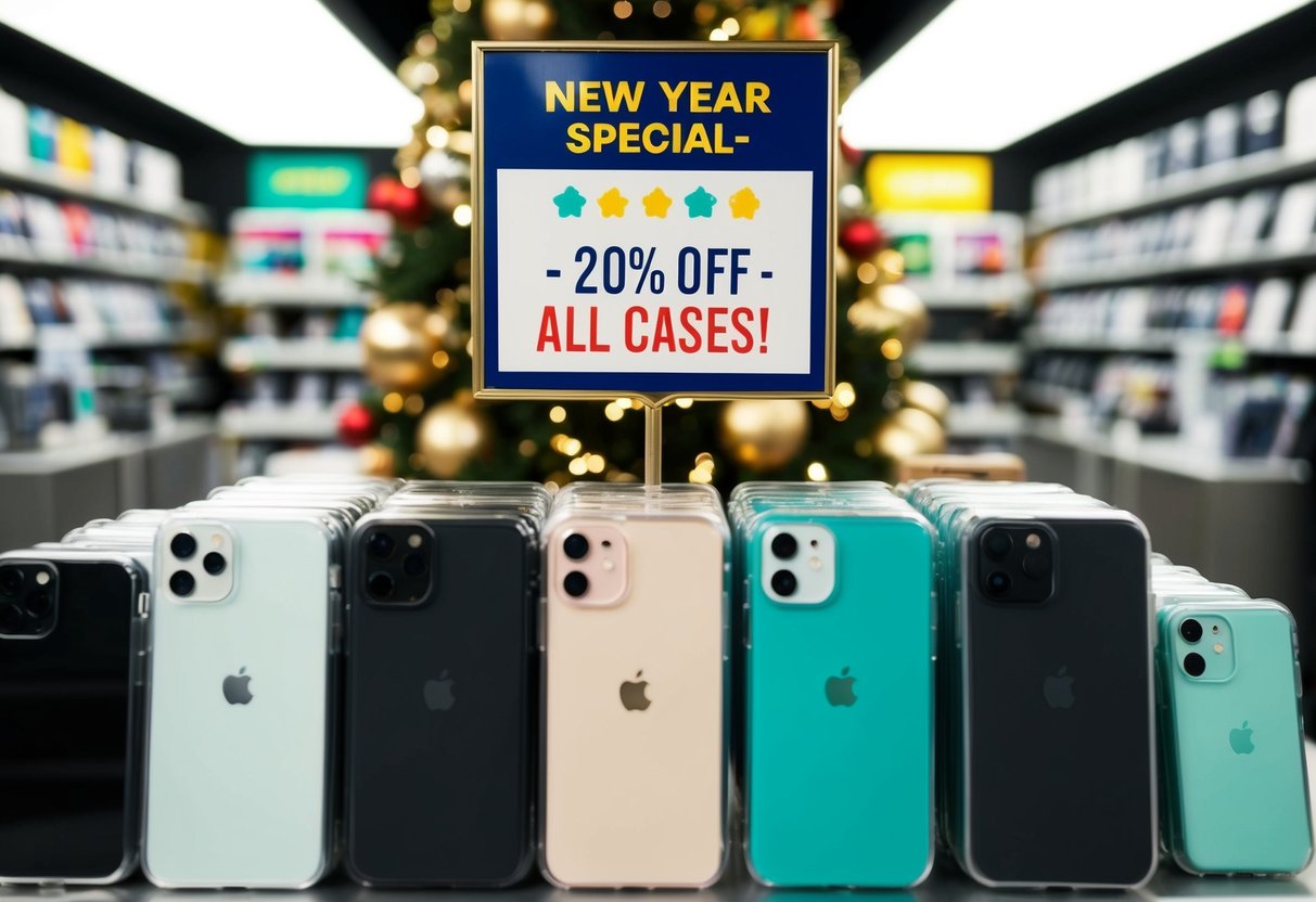 A festive display of phone cases with a "New Year Special - 20% Off All Cases!" sign at a Casetify store