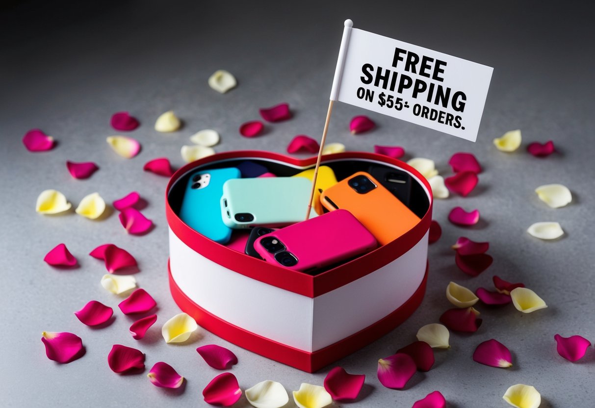 A heart-shaped box overflowing with colorful phone cases, surrounded by scattered rose petals and a banner that reads "Free Shipping on $55+ Orders."