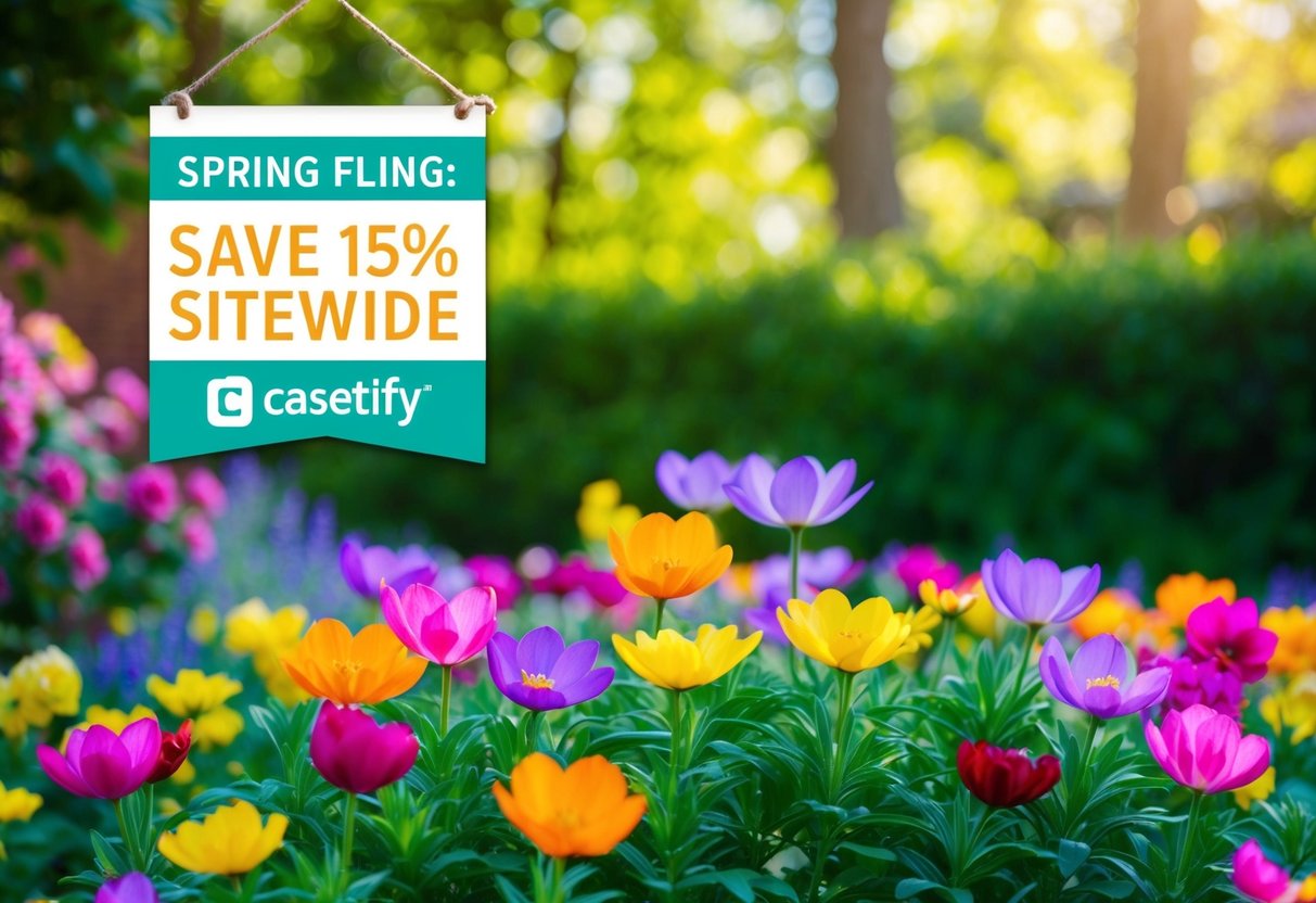 A colorful garden with blooming flowers and a banner promoting "Spring Fling: Save 15% Sitewide" at Casetify