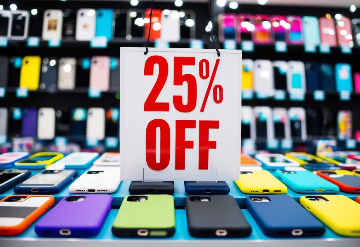 A colorful display of custom phone cases with a prominent "25% Off" sign. Bright and inviting, showcasing various designs and styles