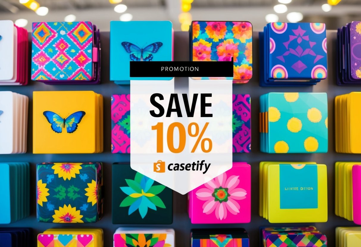 A colorful array of limited edition prints displayed with a "Save 10%" promotion banner for Casetify. Vibrant and eye-catching designs fill the scene