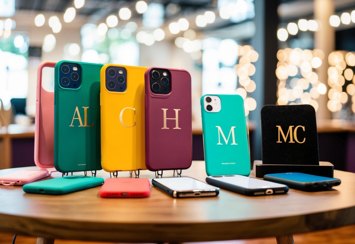 A table with various personalized phone cases and a monogramming station