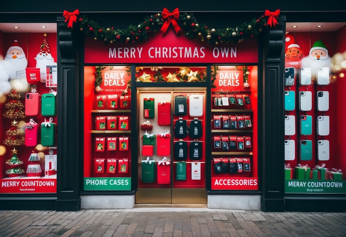 A festive storefront display features daily deals on phone cases and accessories for the Christmas countdown