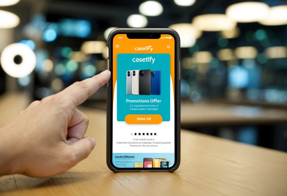 A smartphone displaying a promotional offer from Casetify, with a finger swiping up on the screen