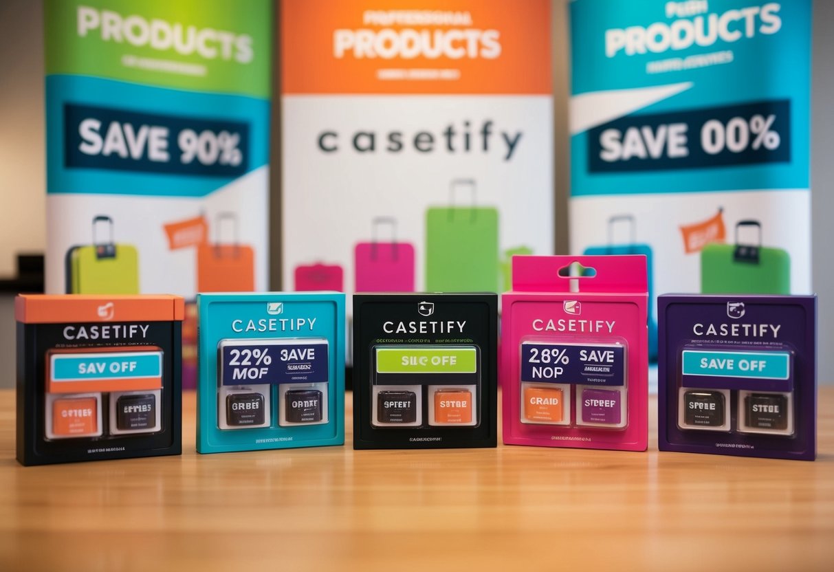 A colorful display of Casetify products with promotional banners and discount codes