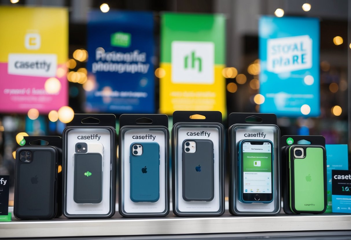 Electronic devices with Casetify cases displayed in a store window, surrounded by colorful promotional banners and signs