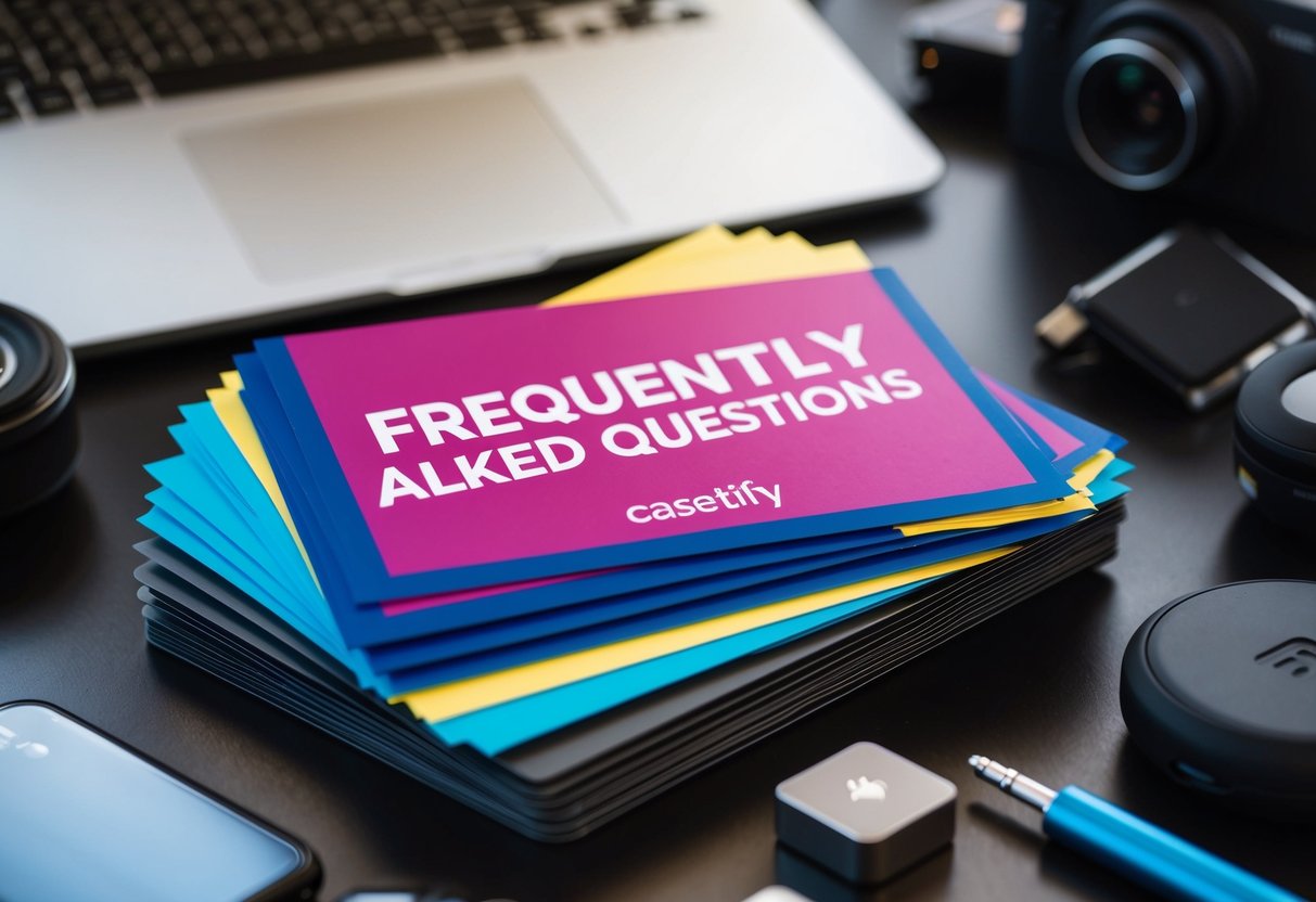 A stack of colorful promotional flyers for Casetify, with a bold "Frequently Asked Questions" heading, surrounded by various tech accessories