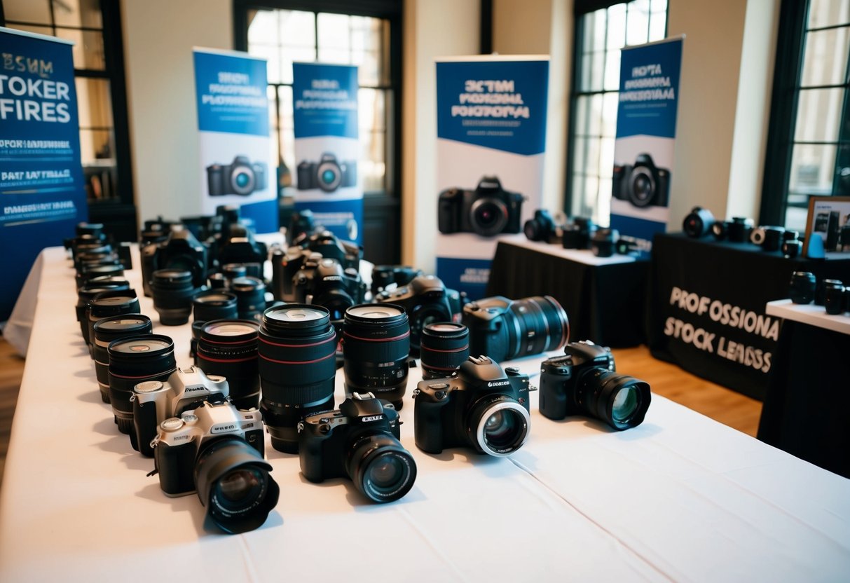 A table covered in various cameras and lenses, with promotional banners and signs displayed around the room