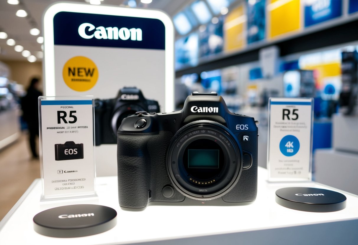 A sleek Canon EOS R5 camera displayed with promotional signs and accessories in a brightly lit retail setting