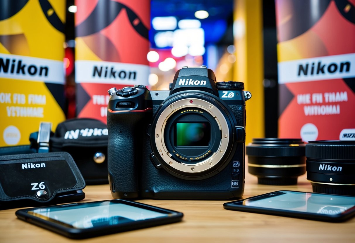 A sleek Nikon Z6 II camera surrounded by promotional banners and accessories