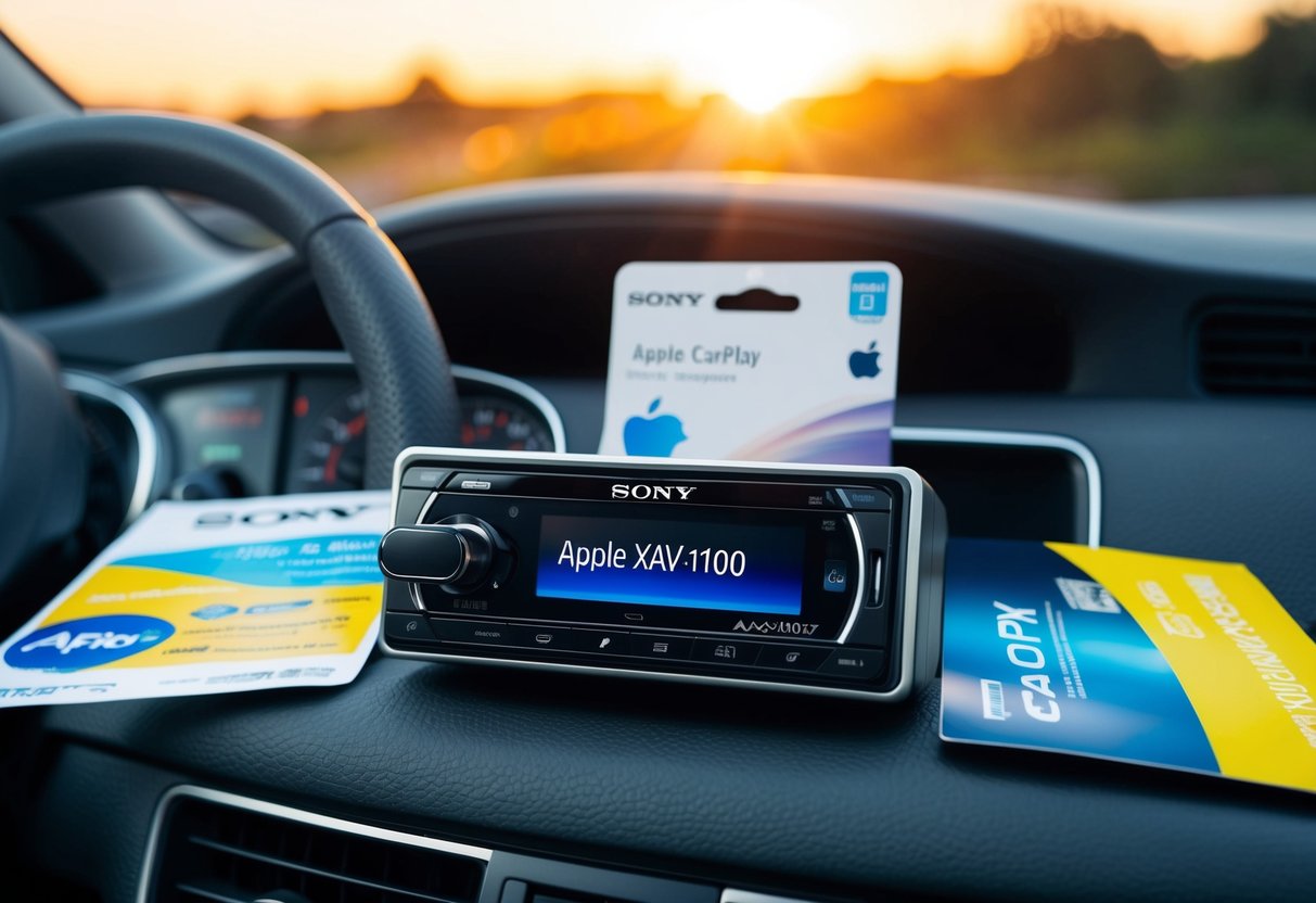 A car dashboard with the Sony XAV-AX1000 Apple CarPlay Receiver prominently displayed, surrounded by promotional materials