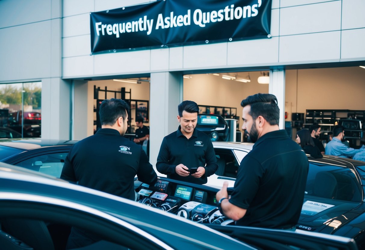 A car audio store with a banner advertising "Frequently Asked Questions" promotions. Customers browsing products and talking to staff